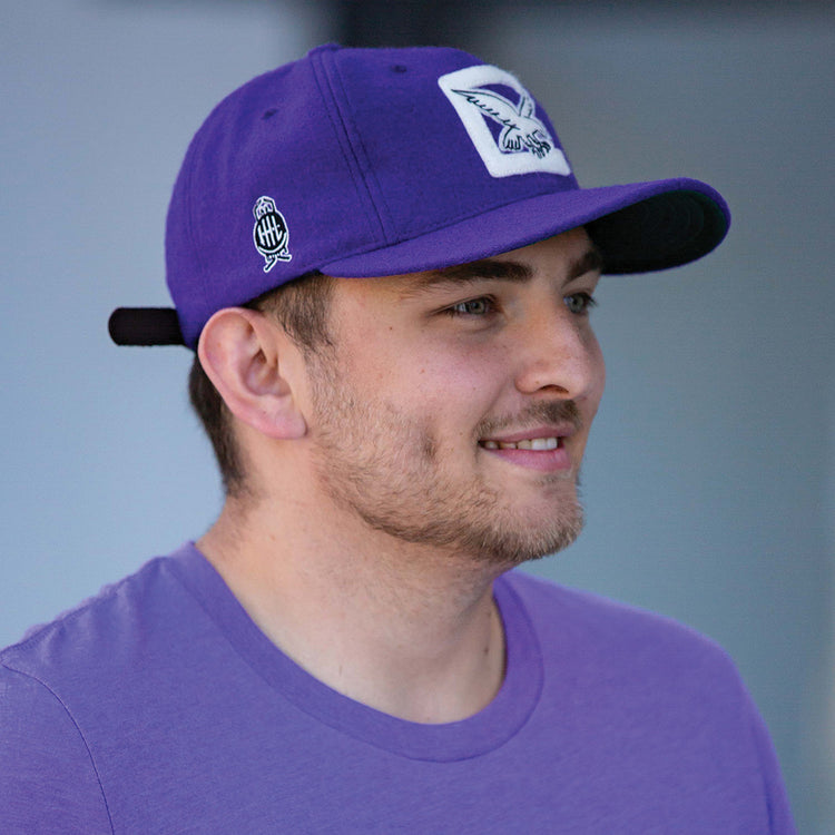 A young man with short brown hair and light stubble smiles while wearing the EFF Cleveland Falcons 1936 Vintage Ballcap—a purple wool cap with a bird logo and adjustable leather strap—standing in front of a blurred background.