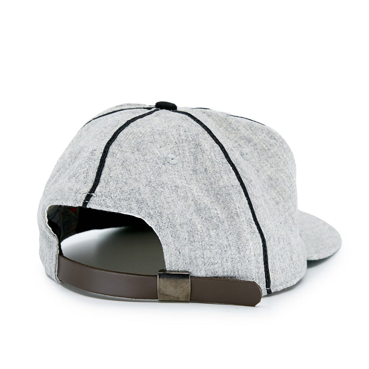 The EFF Detroit Cubs 1935 Vintage Ballcap is a light gray wool hat seen from the back, featuring black seams and an adjustable brown leather strap with a metal buckle.