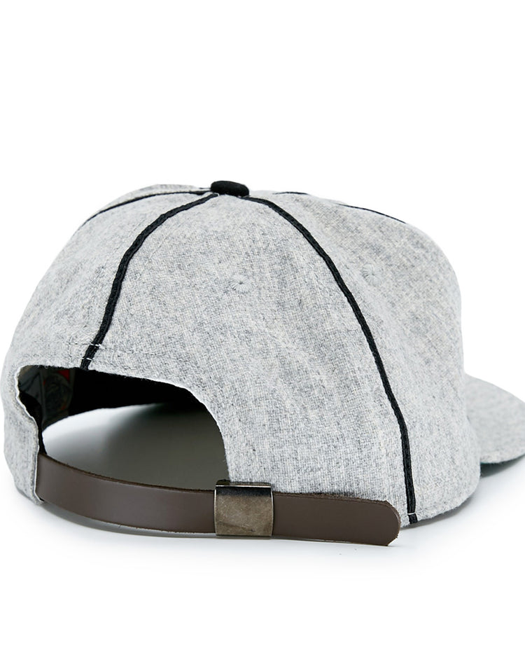 The EFF Detroit Cubs 1935 Vintage Ballcap is a light gray wool hat seen from the back, featuring black seams and an adjustable brown leather strap with a metal buckle.