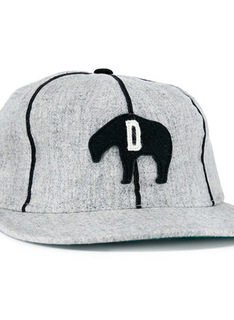 The EFF Detroit Cubs 1935 Vintage Ballcap is light gray with black vertical stitching, a black embroidered animal with a white D, and vintage wool baseball cap styling.