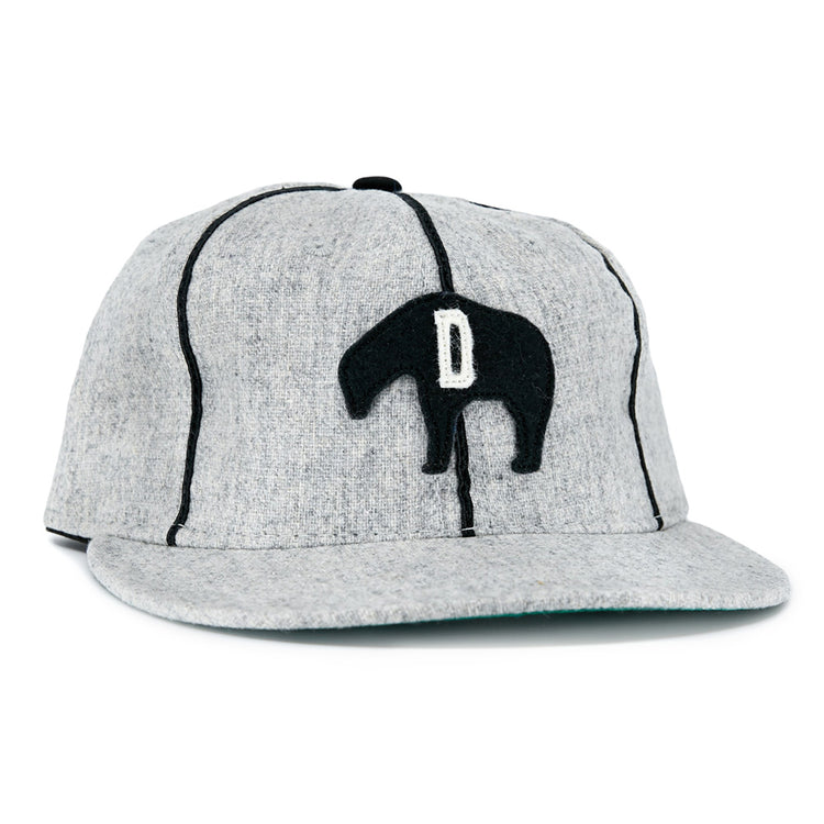 The EFF Detroit Cubs 1935 Vintage Ballcap is light gray with black vertical stitching, a black embroidered animal with a white D, and vintage wool baseball cap styling.
