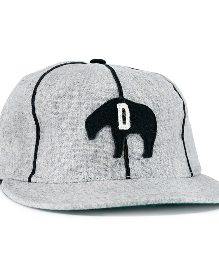 The EFF Detroit Cubs 1935 Vintage Ballcap is light gray with black vertical stitching, a black embroidered animal with a white D, and vintage wool baseball cap styling.