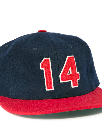 The Ebbets Field Flannels Larry Doby Signature Series Ballcap is a limited edition navy blue baseball cap with a red brim and the number 14 in bold red and white on the front.