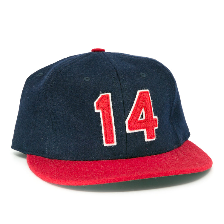 The Ebbets Field Flannels Larry Doby Signature Series Ballcap is a limited edition navy blue baseball cap with a red brim and the number 14 in bold red and white on the front.