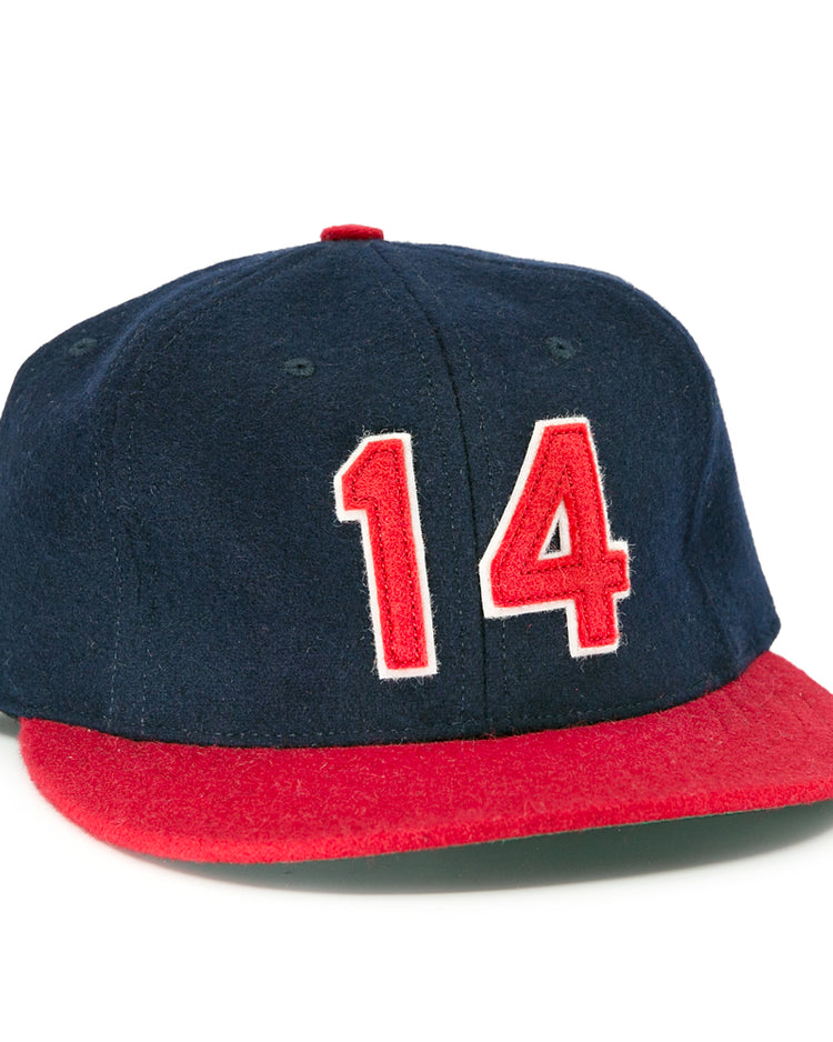 The Ebbets Field Flannels Larry Doby Signature Series Ballcap is a limited edition navy blue baseball cap with a red brim and the number 14 in bold red and white on the front.