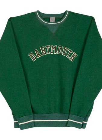 The EFF Dartmouth College Collegiate Vintage Crewneck Sweatshirt features a green design with white and gray trim on the collar, cuffs, and hem, plus DARTMOUTH in large white letters outlined in black across the chest.