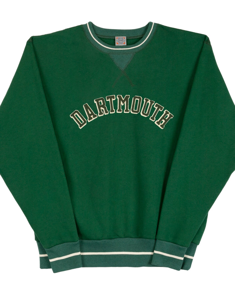 The EFF Dartmouth College Collegiate Vintage Crewneck Sweatshirt features a green design with white and gray trim on the collar, cuffs, and hem, plus DARTMOUTH in large white letters outlined in black across the chest.