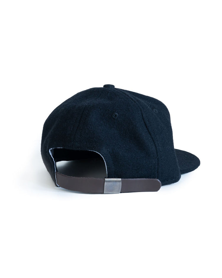 The EFF University of Missouri 1958 Vintage Ballcap is shown from the back, with a black design, adjustable brown strap, and silver buckle, evoking a classic College World Series look on a white background.