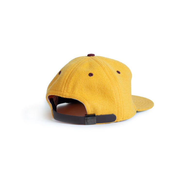 The EFF Arizona State University 1955 Vintage Ballcap is yellow, viewed from the back, with a brown adjustable strap and small brown accents—an officially licensed college product.