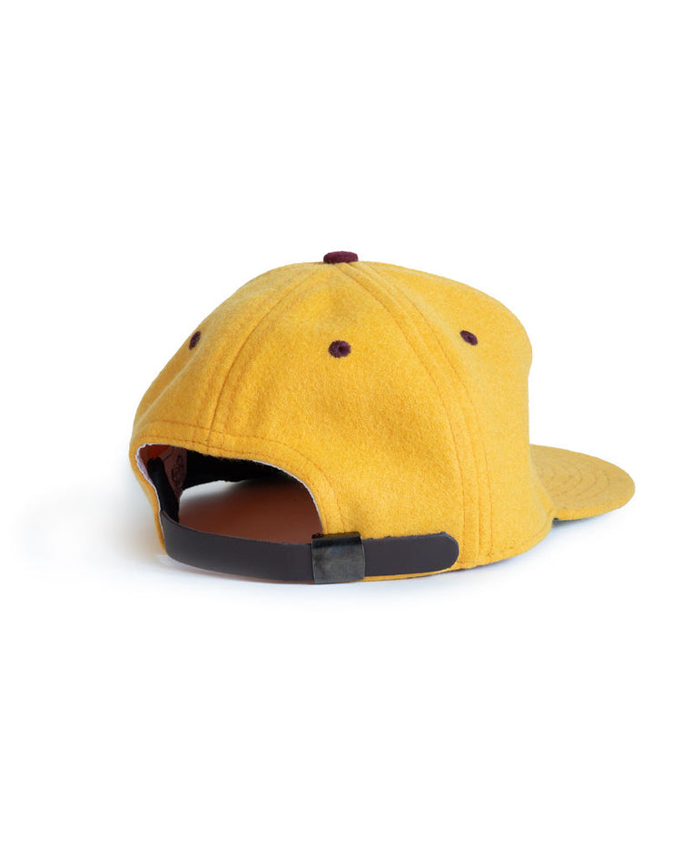 The EFF Arizona State University 1955 Vintage Ballcap is yellow, viewed from the back, with a brown adjustable strap and small brown accents—an officially licensed college product.