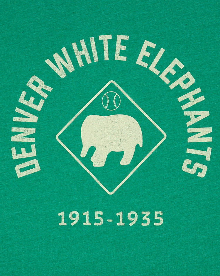 The EFF Denver White Elephants T-Shirt features a green graphic with Denver White Elephants in white, an elephant and baseball inside a diamond, and the years 1915-1935 honoring the Negro Leagues team.