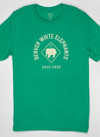The EFF Denver White Elephants T-Shirt honors Negro Leagues baseball, featuring “Denver White Elephants 1915-1935” printed in white around an elephant in a diamond shape on green fabric, plus additional left sleeve text.