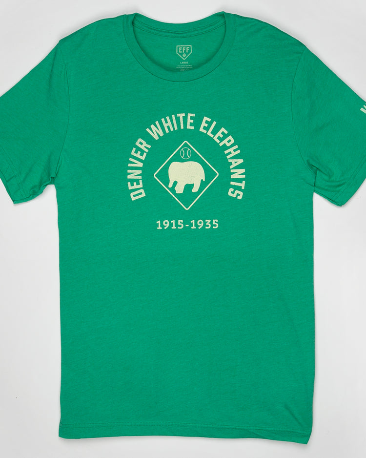 The EFF Denver White Elephants T-Shirt honors Negro Leagues baseball, featuring “Denver White Elephants 1915-1935” printed in white around an elephant in a diamond shape on green fabric, plus additional left sleeve text.