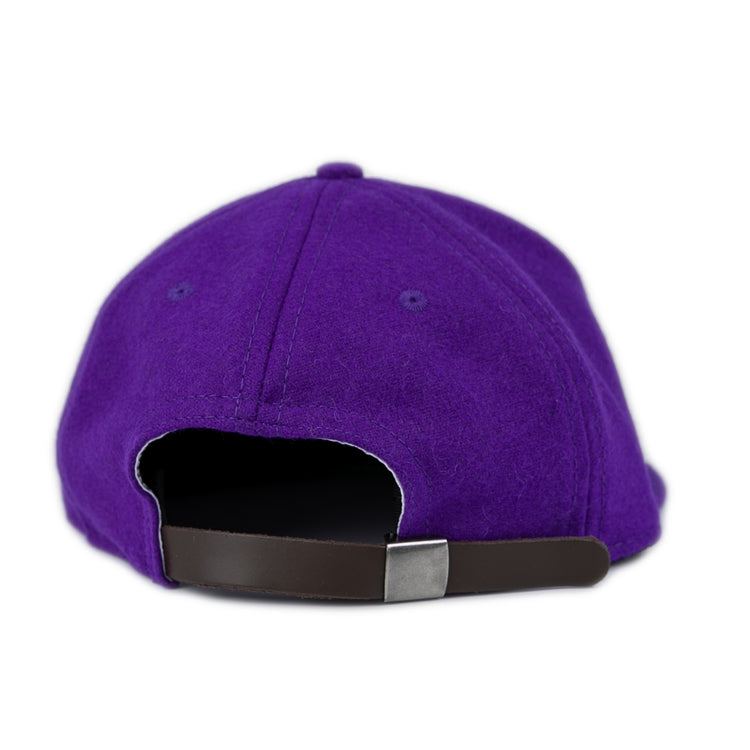 A close-up of the back of the East Carolina University 1961 Vintage Ballcap by Ebbets Field Flannels, featuring a brown adjustable strap and metal clasp, set against a white background.