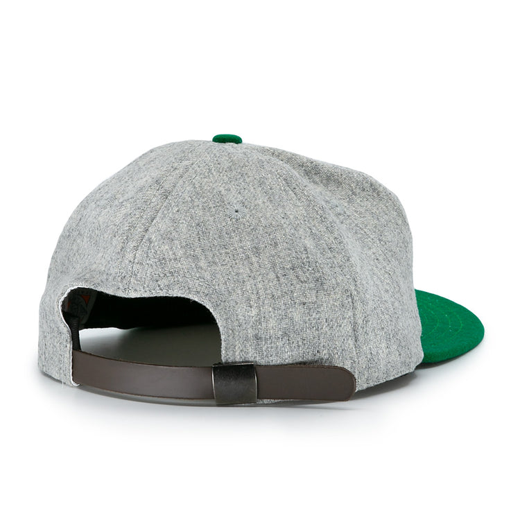 The Ebbets Field Flannels Cienfuegos Elefantes 1946 Vintage Ballcap features gray wool, a green brim, a brown adjustable strap, and a green top button—classic Cuban Professional League style shown from the back.