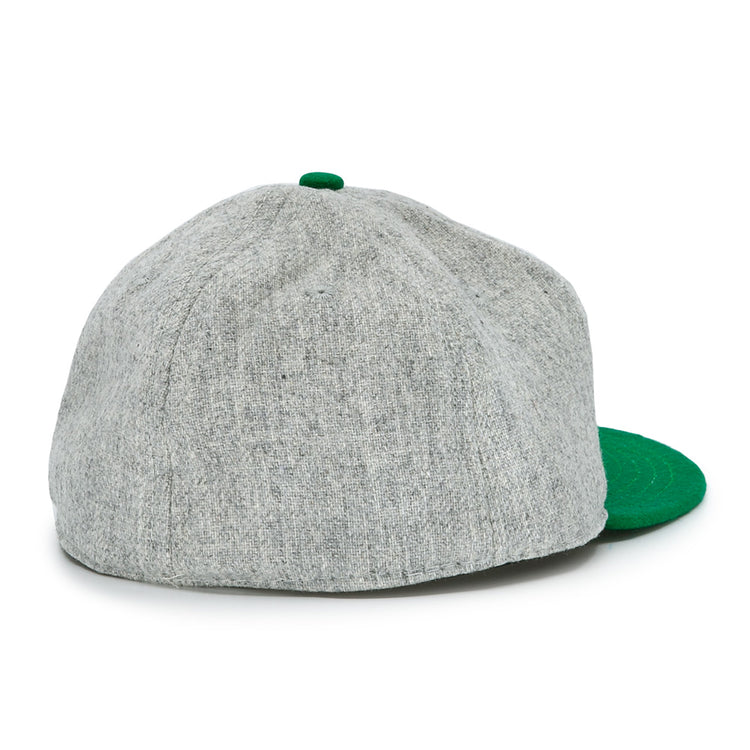 The Cienfuegos Elefantes 1946 Vintage Ballcap by Ebbets Field Flannels is a gray wool cap with green button and brim, shown from the back on a white background. Inspired by classic Cuban Professional League styles.
