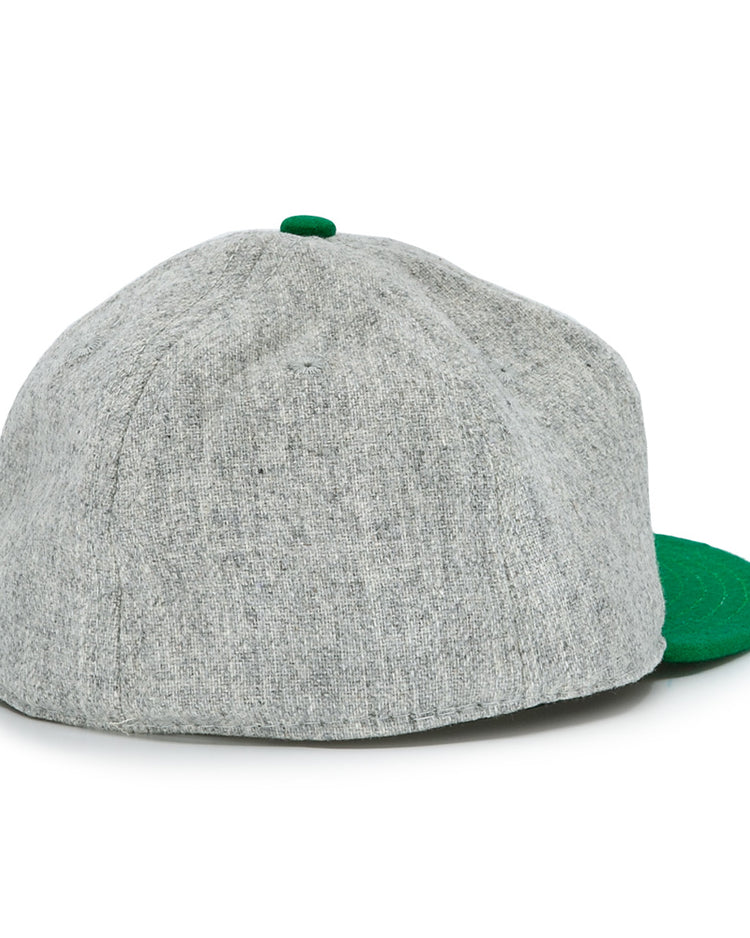 The Cienfuegos Elefantes 1946 Vintage Ballcap by Ebbets Field Flannels is a gray wool cap with green button and brim, shown from the back on a white background. Inspired by classic Cuban Professional League styles.