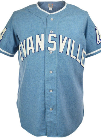 The EFF Evansville Triplets 1971 Road Jersey is an authentic powder blue wool flannel with white trim, EVANSVILLE across the chest, number 44 on one sleeve, and a baseball logo patch on the other.