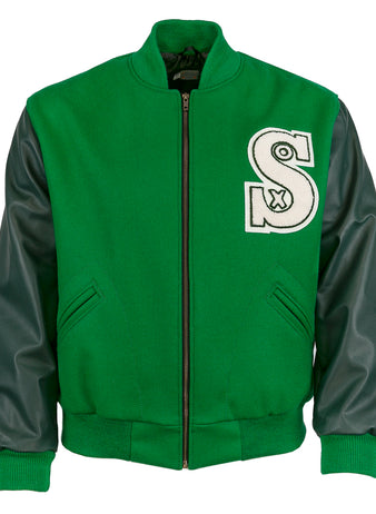 The EFF Chicago White Sox 1932 Authentic Jacket features a kelly green body, dark green leather sleeves, front zipper, side pockets, ribbed cuffs and hem, and a large white S patch on the chest—replicating the classic team style.