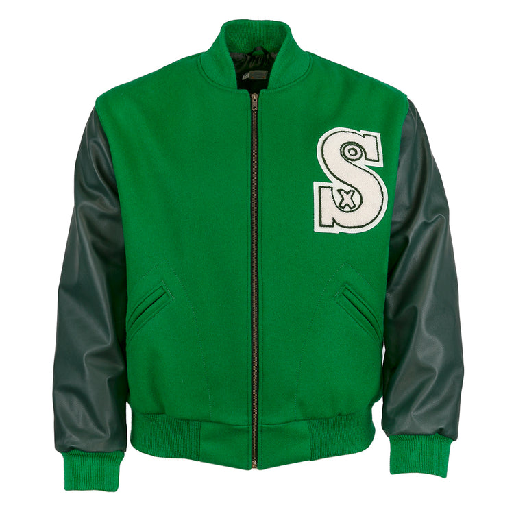 The EFF Chicago White Sox 1932 Authentic Jacket features a kelly green body, dark green leather sleeves, front zipper, side pockets, ribbed cuffs and hem, and a large white S patch on the chest—replicating the classic team style.