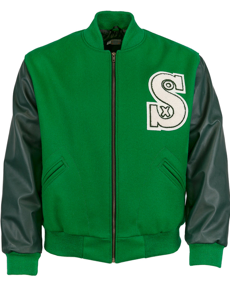 The EFF Chicago White Sox 1932 Authentic Jacket features a kelly green body, dark green leather sleeves, front zipper, side pockets, ribbed cuffs and hem, and a large white S patch on the chest—replicating the classic team style.
