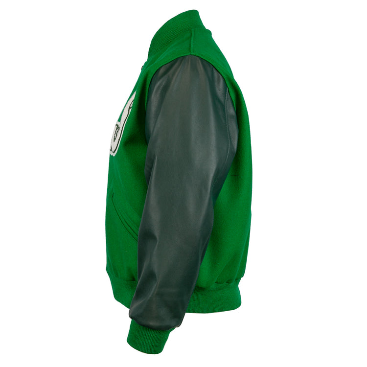 The EFF Chicago White Sox 1932 Authentic Jacket is a kelly green varsity jacket with black leather sleeves, ribbed cuffs and waistband, and a partially visible white chest patch, shown from the side.