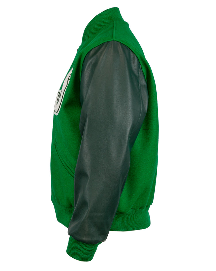 The EFF Chicago White Sox 1932 Authentic Jacket is a kelly green varsity jacket with black leather sleeves, ribbed cuffs and waistband, and a partially visible white chest patch, shown from the side.