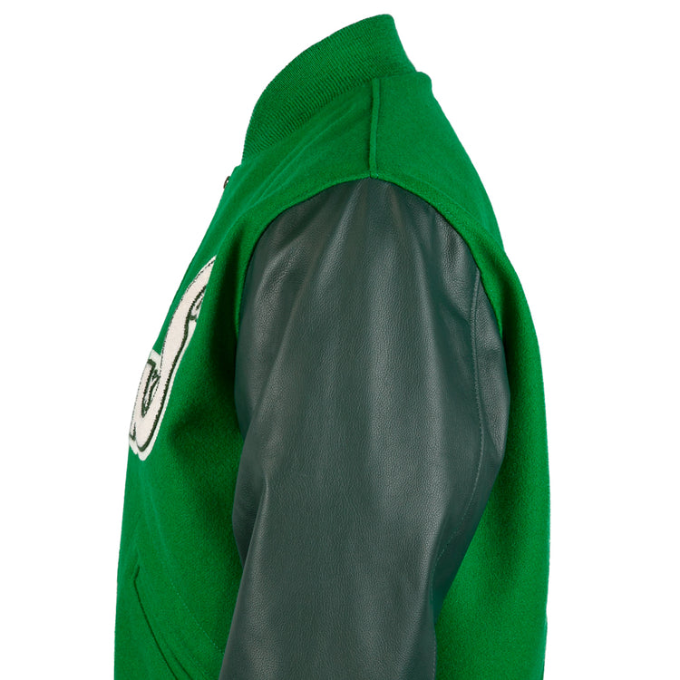 Side view of the EFF Chicago White Sox 1932 Authentic Jacket with dark green leather sleeves, kelly green wool body, and a partially visible white patch with black trim on the chest.