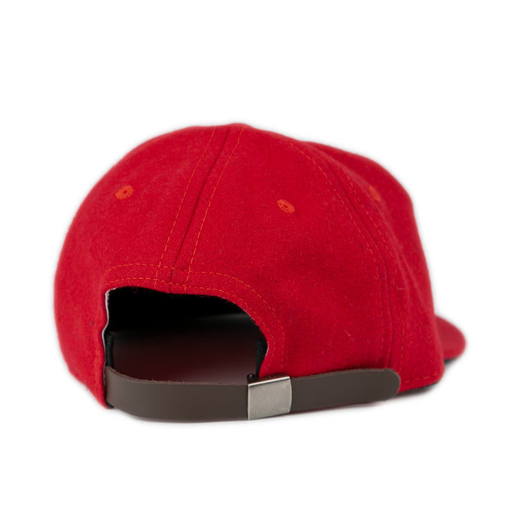Back view of the Fresno State University 1951 Vintage Ballcap by Ebbets Field Flannels, a red cap with a brown adjustable strap and metal buckle, shown isolated on a white background.
