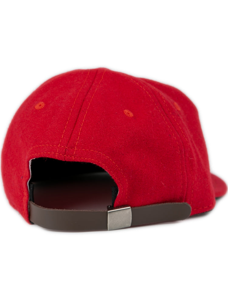 Back view of the Fresno State University 1951 Vintage Ballcap by Ebbets Field Flannels, a red cap with a brown adjustable strap and metal buckle, shown isolated on a white background.