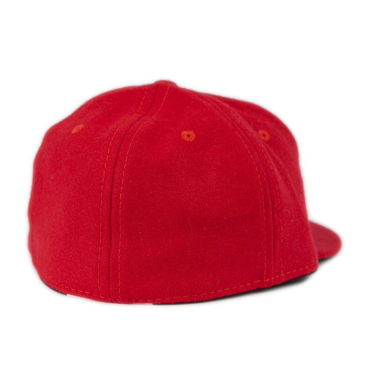 A Fresno State University 1951 Vintage Ballcap by Ebbets Field Flannels in bright red, shown from the back with visible stitching and a flat brim turned away from the camera.