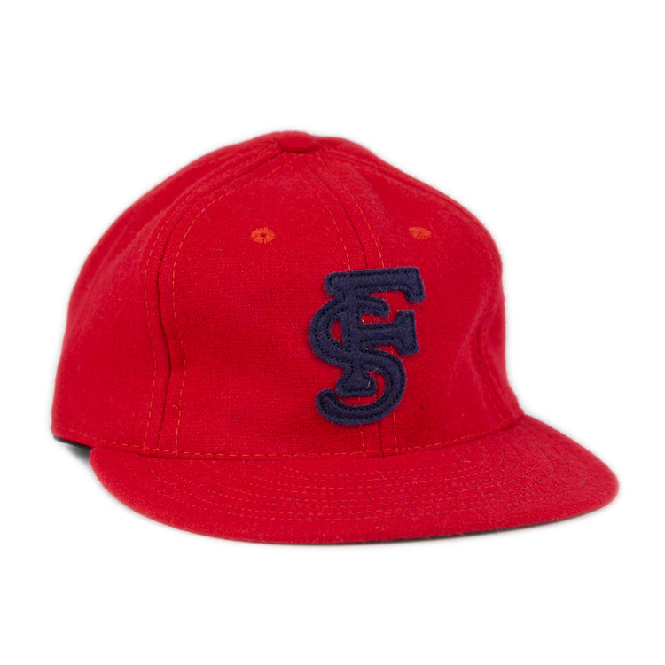 The Fresno State University 1951 Vintage Ballcap by Ebbets Field Flannels features a red flat brim and a navy blue embroidered FS logo, displayed against a white background.