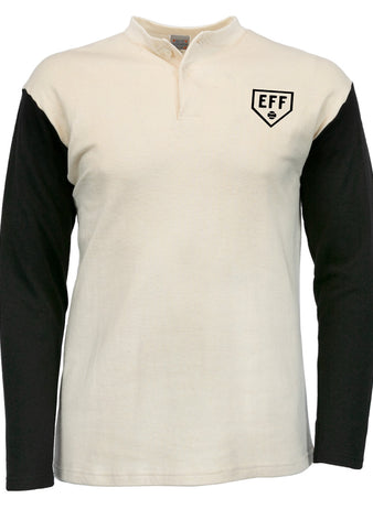 The EFF Fungo Shirt features black sleeves, an off-white torso, a small EFF logo on the left chest, and a short button placket at the collar for a classic look.