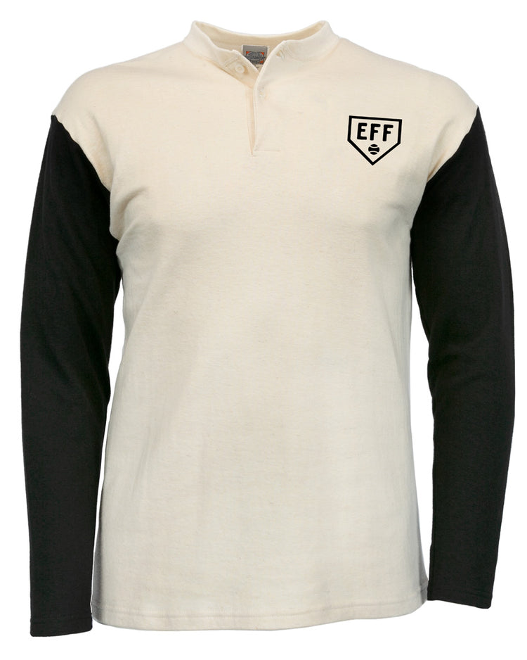 The EFF Fungo Shirt features black sleeves, an off-white torso, a small EFF logo on the left chest, and a short button placket at the collar for a classic look.