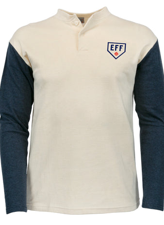 The EFF Fungo Shirt - Navy Sleeves is inspired by flannel baseball uniforms, featuring a cream body, dark blue sleeves, a left chest EFF patch, and a short buttoned collar.