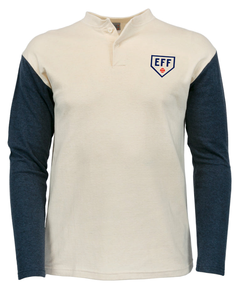 The EFF Fungo Shirt - Navy Sleeves is inspired by flannel baseball uniforms, featuring a cream body, dark blue sleeves, a left chest EFF patch, and a short buttoned collar.