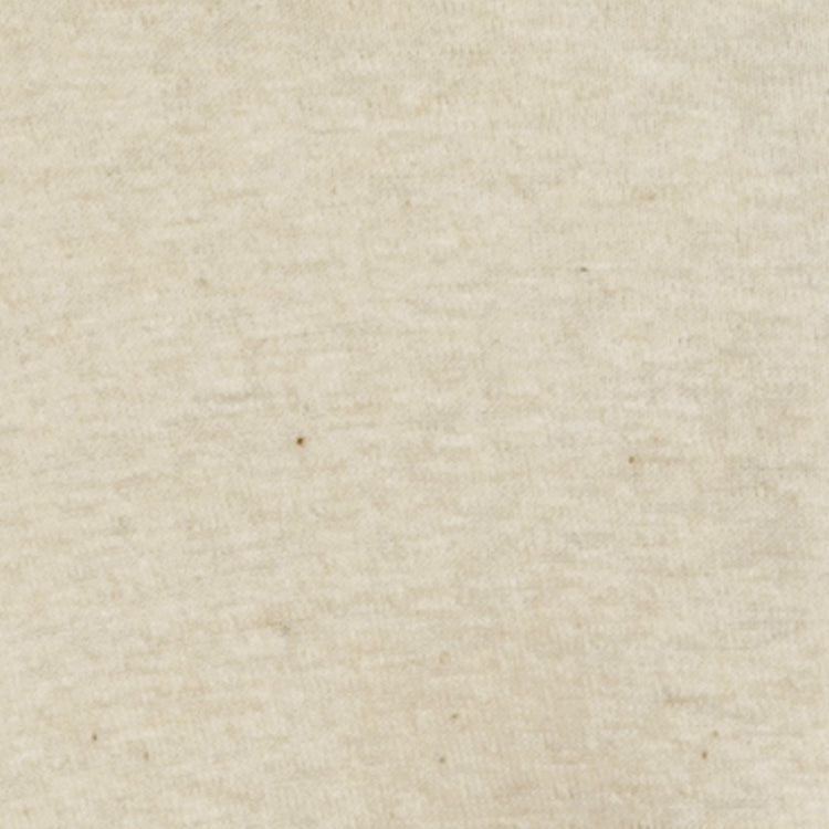 Close-up of the Fungo Shirt by EFF, featuring black sleeves and logo. The textured off-white fabric surface has small flecks and a vintage-style, uneven weave pattern, echoing classic flannel baseball undershirts.