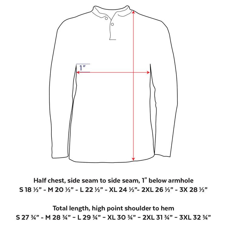 Line drawing of the EFF Fungo Shirt - Black Sleeves and Logo, with red arrows showing half chest and total length measurements. Sizing from S to 3XL is listed below for chest width and shirt length.