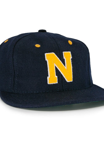 The EFF Great Lakes Naval Station 1944 Vintage Ballcap is a navy wool cap with yellow ventilation accents and a bold yellow N on the front, inspired by an authentic 1944 baseball design.