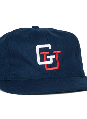The EFF Gonzaga University 1971 Vintage Ballcap features navy blue fabric and overlapping white and red embroidered G and U letters, offering an authentic throwback to classic school spirit.