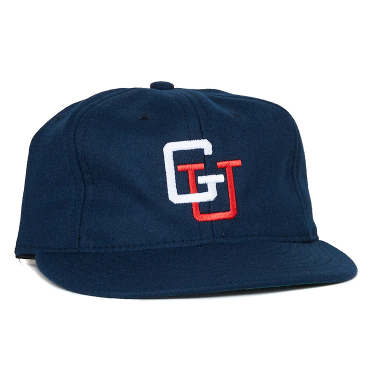 The EFF Gonzaga University 1971 Vintage Ballcap features navy blue fabric and overlapping white and red embroidered G and U letters, offering an authentic throwback to classic school spirit.