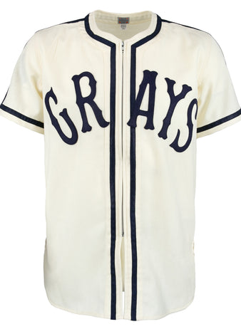 The EFF Homestead Grays 1943 Home Jersey is an authentic vintage-style reproduction with cream fabric, dark blue trim, button-up front, short sleeves, and bold blue GRAYS lettering—a classic Negro National League tribute.