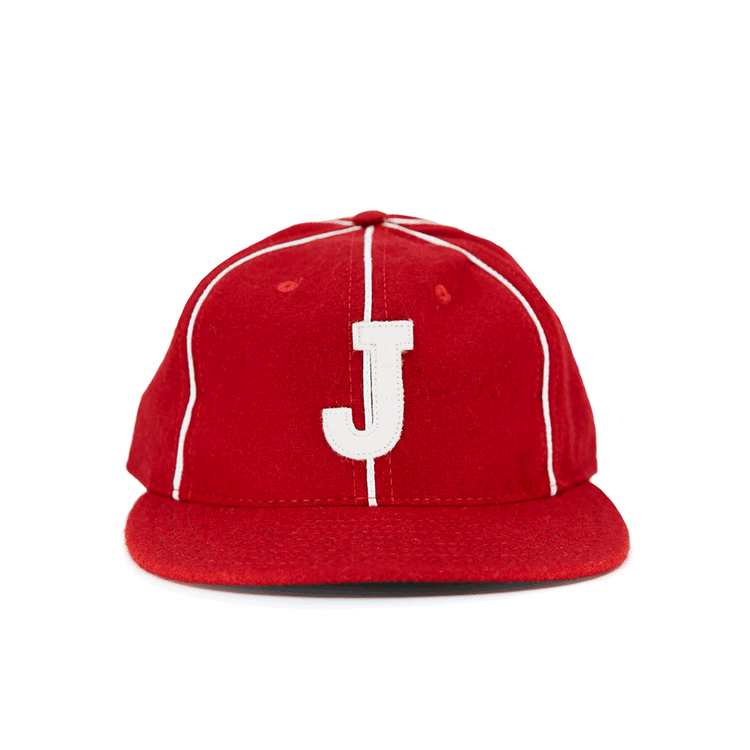 The EFF Indian Head Rockets (Jacksonville Eagles) 1952 vintage ballcap is red with white piping and a bold white J on the front, shown in a front view against a plain white background.