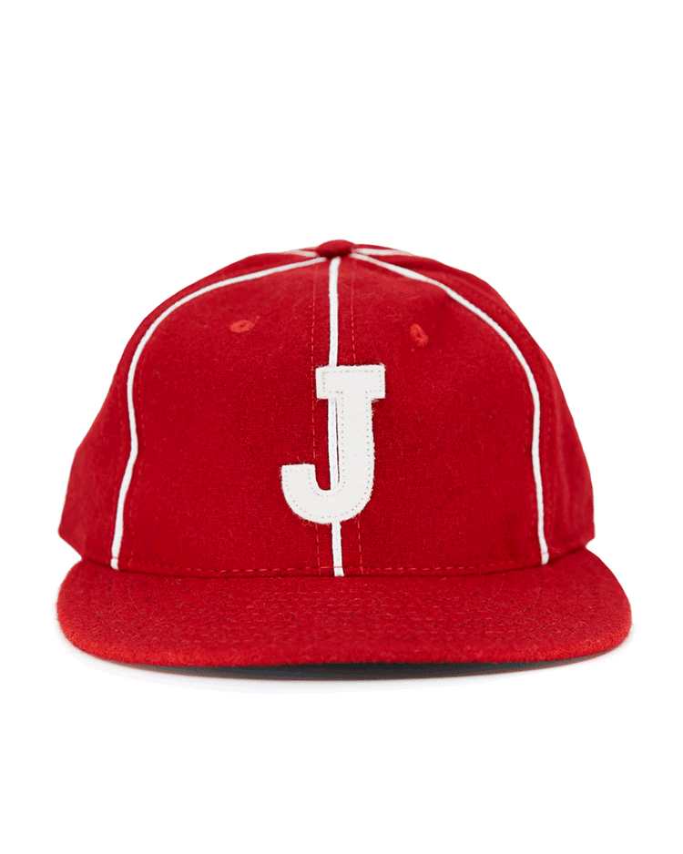The EFF Indian Head Rockets (Jacksonville Eagles) 1952 vintage ballcap is red with white piping and a bold white J on the front, shown in a front view against a plain white background.