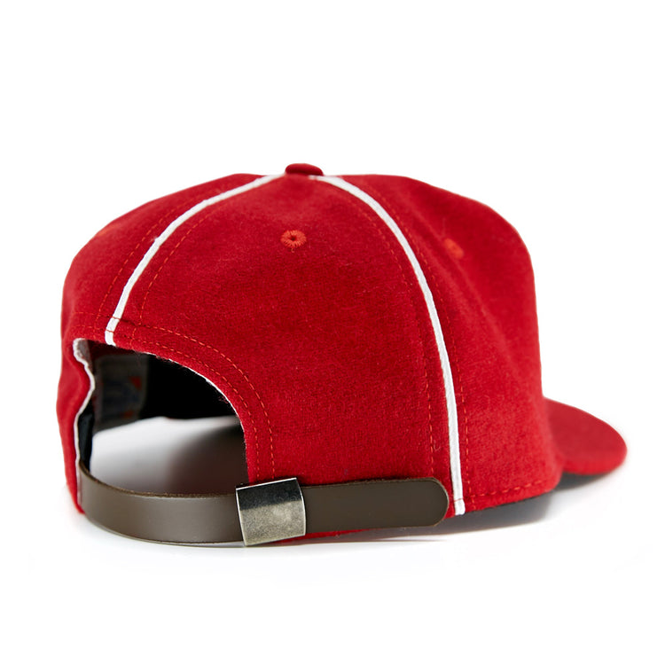 The EFF Indian Head Rockets (Jacksonville Eagles) 1952 Vintage Ballcap is a red cap shown from the back, featuring white stitching and a dark adjustable strap with a metallic buckle.