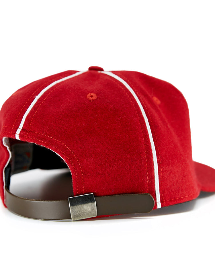 The EFF Indian Head Rockets (Jacksonville Eagles) 1952 Vintage Ballcap is a red cap shown from the back, featuring white stitching and a dark adjustable strap with a metallic buckle.