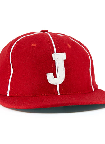 The EFF Indian Head Rockets (Jacksonville Eagles) 1952 Vintage Ballcap features a red design with white piping and a bold white J on the front, inspired by classic baseball styles.