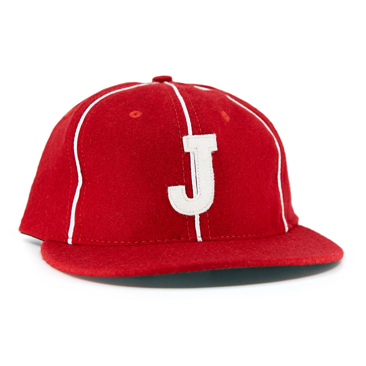 The EFF Indian Head Rockets (Jacksonville Eagles) 1952 Vintage Ballcap features a red design with white piping and a bold white J on the front, inspired by classic baseball styles.