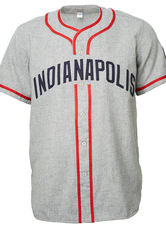 The EFF Indianapolis Indians 1970 Road Jersey is a gray flannel with red trim and buttons, featuring “INDIANAPOLIS” in large blue letters across the chest—an authentic throwback to the iconic Indians uniform.