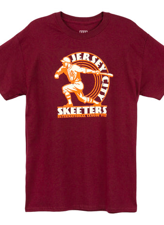 EFF Jersey City Skeeters 1933 T-Shirt in maroon features a vintage baseball player graphic with Jersey City Skeeters International League 1933 in white and orange—ideal for historic team apparel fans.
